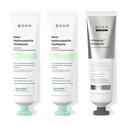 Three bottles of Boka Nano-Hydroxyapatite Toothpaste on a white background