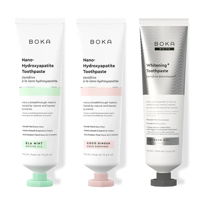 Three bottles of Boka Nano-Hydroxyapatite Toothpaste on a white background