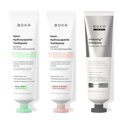 Three bottles of Boka Nano-Hydroxyapatite Toothpaste on a white background