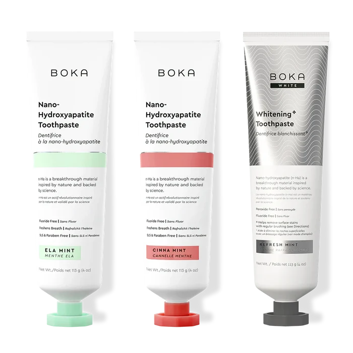 Three bottles of Boka Nano-Hydroxyapatite Toothpaste on a white background