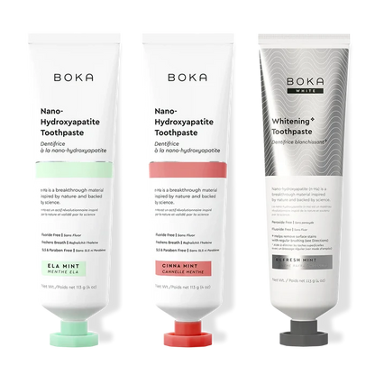 Three bottles of Boka Nano-Hydroxyapatite Toothpaste on a white background