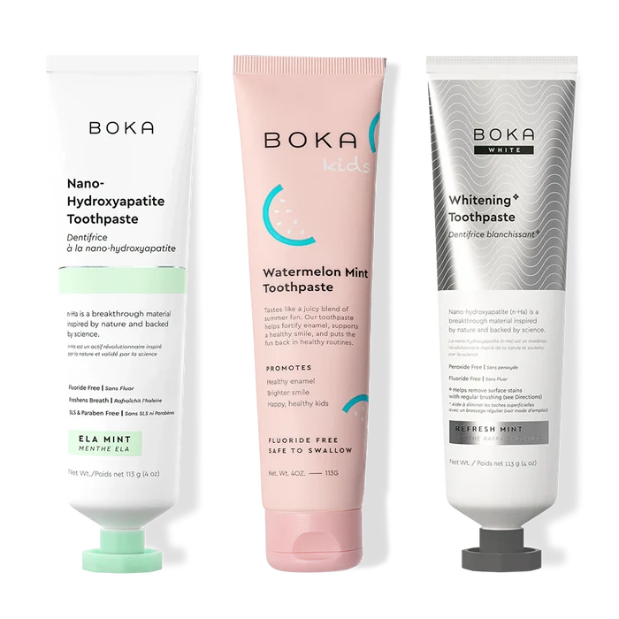 Three bottles of Boka Nano-Hydroxyapatite Toothpaste on a white background