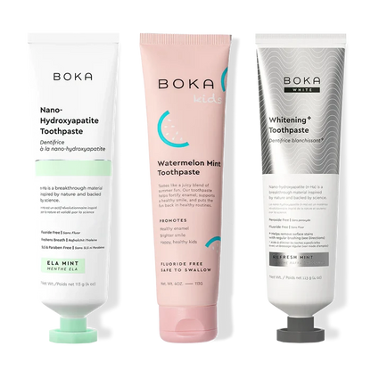 Three bottles of Boka Nano-Hydroxyapatite Toothpaste on a white background