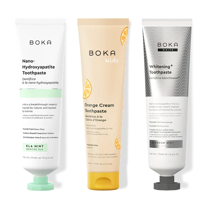 Three bottles of Boka Nano-Hydroxyapatite Toothpaste on a white background
