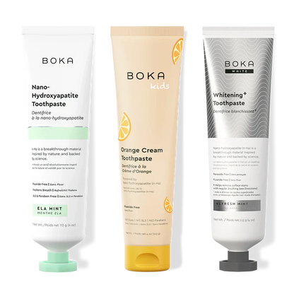 Three bottles of Boka Nano-Hydroxyapatite Toothpaste on a white background
