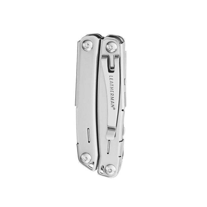 Stainless steel Leatherman Wingman® multi-tool closed showcasing the pocket clip and compact design.