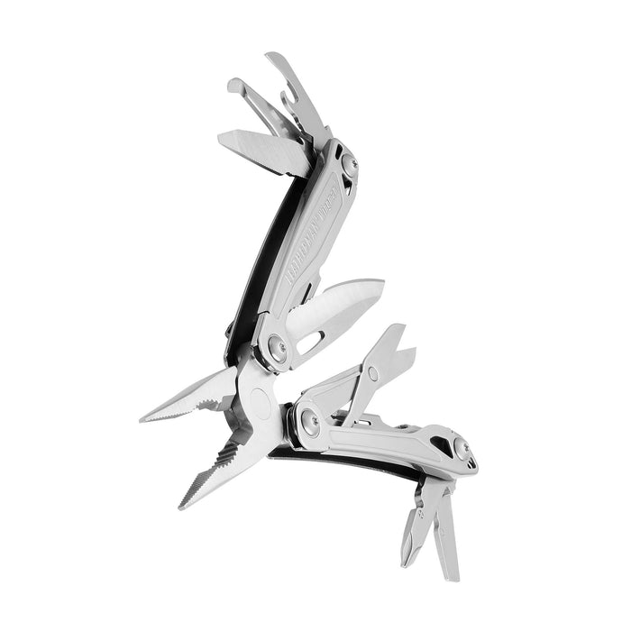 Stainless steel Leatherman Wingman® multi-tool beauty image showing the various tools and features.