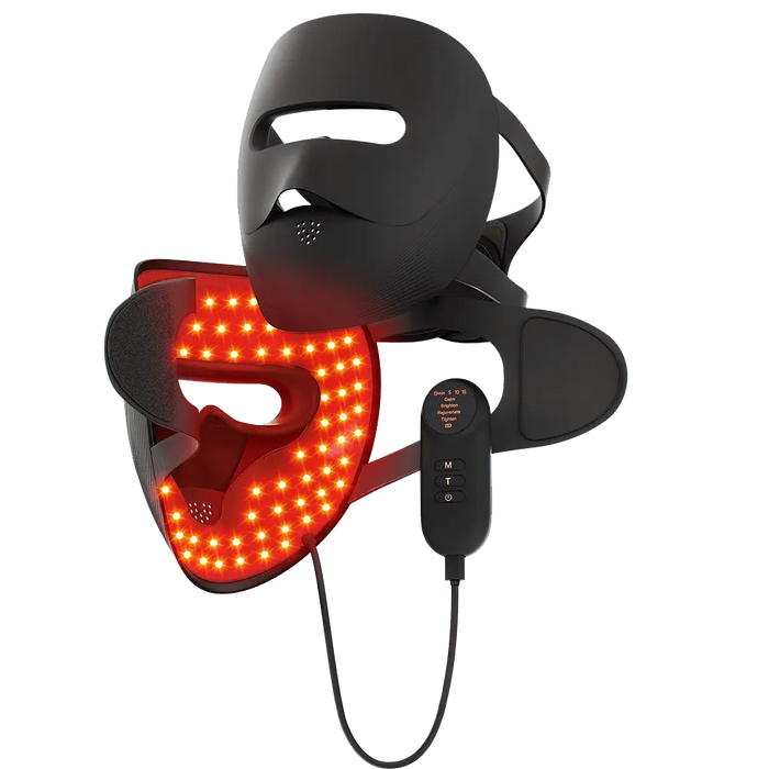 Black 3D facial LED mask by wondear featuring red and near-infrared light therapy for skin rejuvenation